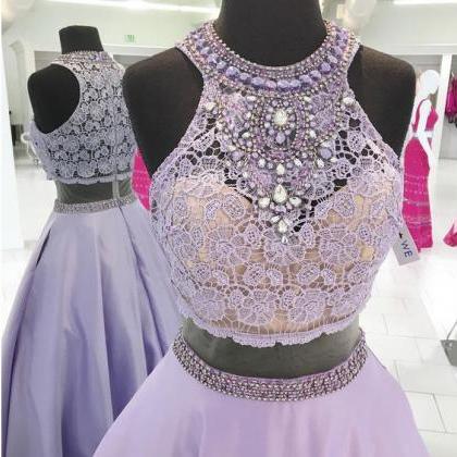 Halter Prom Dresses,lavender Prom Gowns,lace..