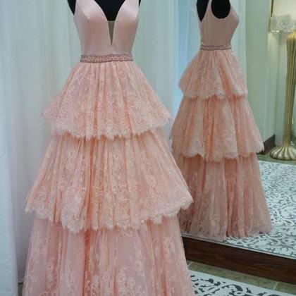 A-line V-neck Prom Gown,lace Prom Dress,pearl Pink..