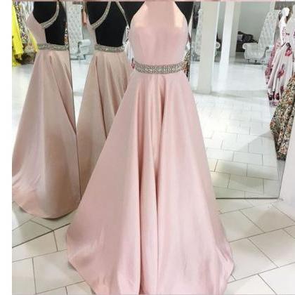 Simple Pink Satin Prom Dresses,pink Halter Prom..