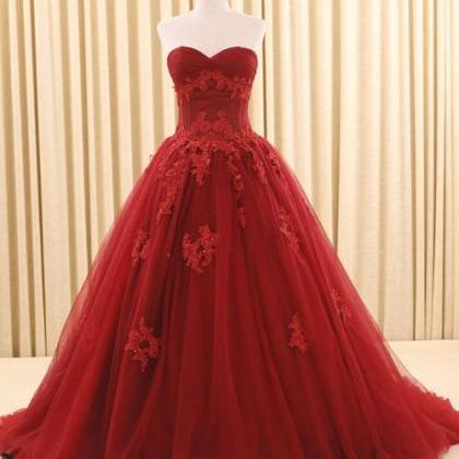 Dark Red Ball Gown Lace Wedding Dress