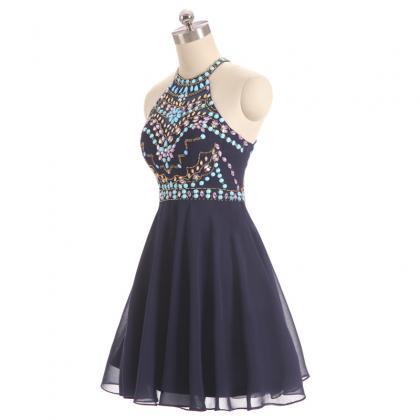 A-line Scoop High Halter Neck Beading Tulle Short..