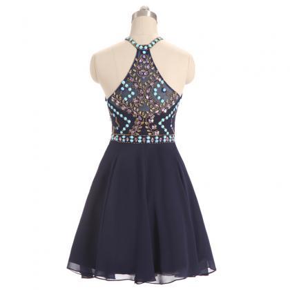 A-line Scoop High Halter Neck Beading Tulle Short..