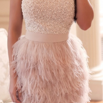 Short Prom Dress Luxury Ostrich Feathers Beaded..
