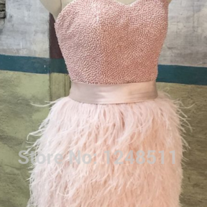 Short Prom Dress Luxury Ostrich Feathers Beaded..