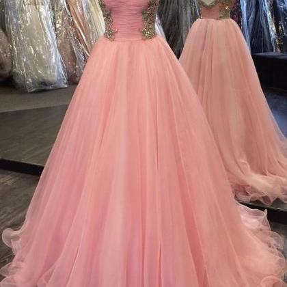Pink Sweetheart Neck Tulle Long Prom Dress, Pink..
