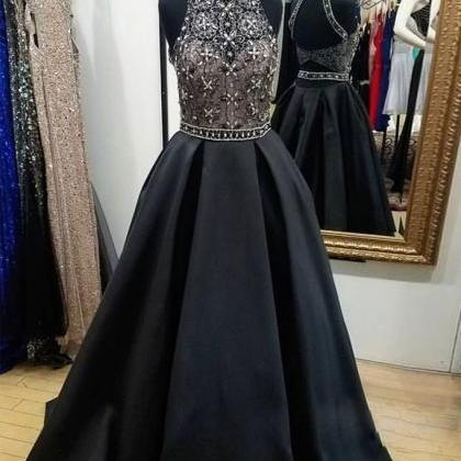 Black High Neck Lace Beads Long Prom Dress, Black..