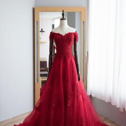 Red Sweetheart Lace Tulle Long Prom Dress, Red..