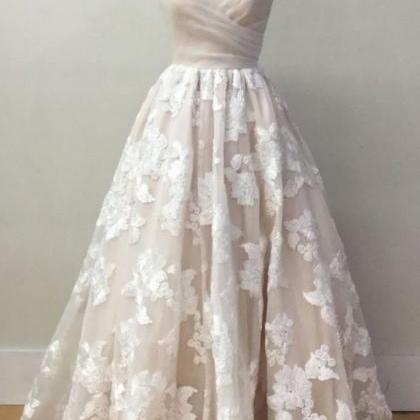 Champagne Sweetheart Lace Tulle Long Prom Dress,..