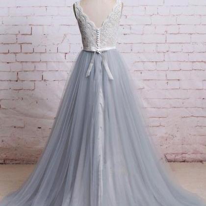 Gray V Neck Lace Tulle Long Prom Dress, Tulle..