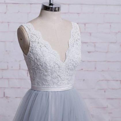Gray V Neck Lace Tulle Long Prom Dress, Tulle..