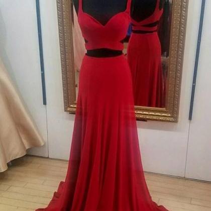 Red Chiffon Two Pieces Long Prom Dress, Red..