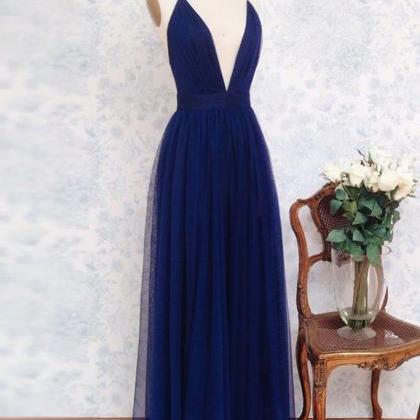 Simple V Neck Dark Blue Tulle Long Prom Dress, Evening Dress on Luulla
