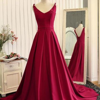 Dark Red V Neck Satin Long Prom Dress, Red Evening..