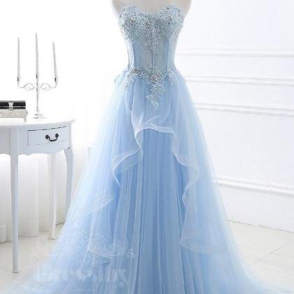 Blue Sweetheart Tulle Long Prom Dress, Blue..