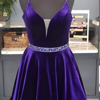 Velvet Homecoming Dress, V Neck Prom Short..