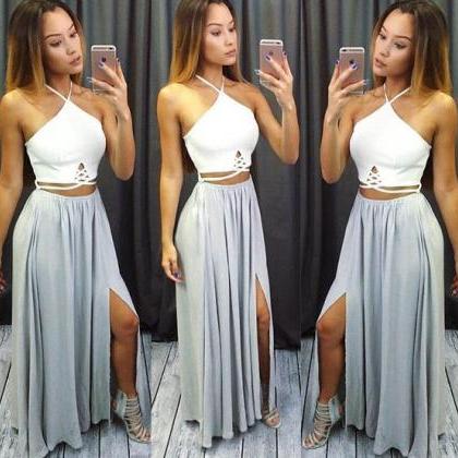 Custom Made Two Pieces Prom Dress,halter Side Slit..