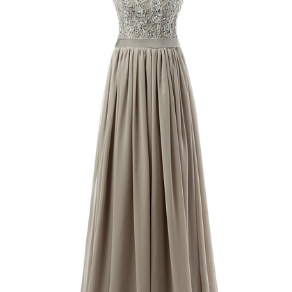 Chiffon and Lace Appliqued Long Dresses Brown