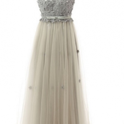 Grey Sheer Prom Dresses Long China Appliqued Tulle..