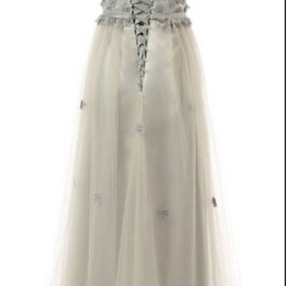 Grey Sheer Prom Dresses Long China Appliqued Tulle..