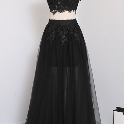 Black Two Pieces Lace Tulle Prom..