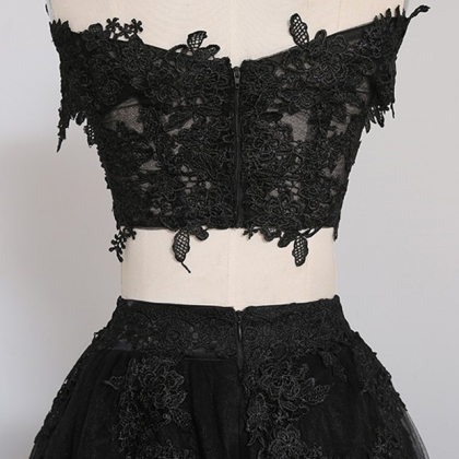 Black Two Pieces Lace Tulle Prom..