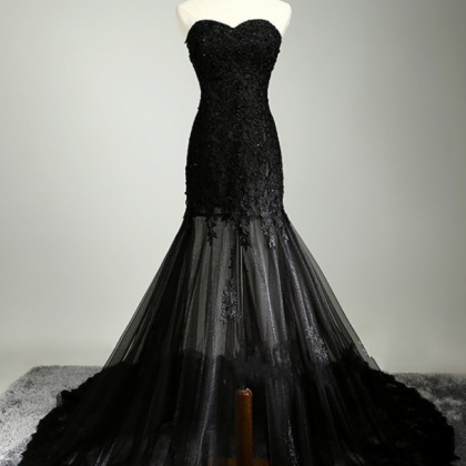 Black Mermaid Tulle Long Evening Gowns Appliques..