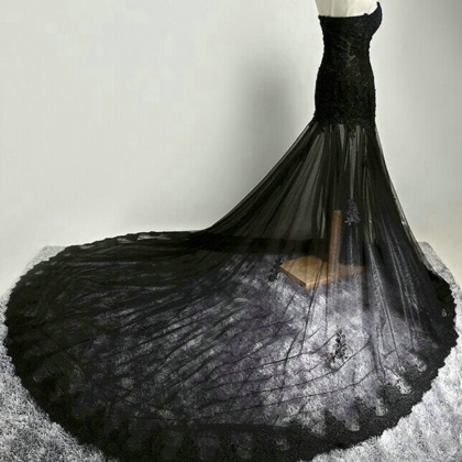 Black Mermaid Tulle Long Evening Gowns Appliques..