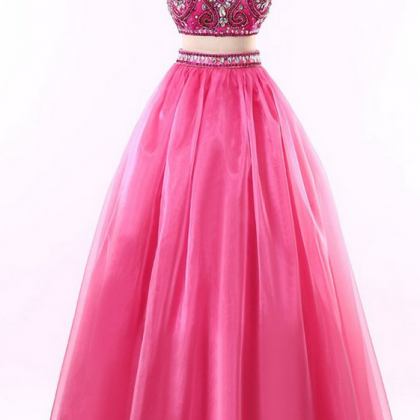 Pink Tulle Two Pieces Prom Dress, Beading..