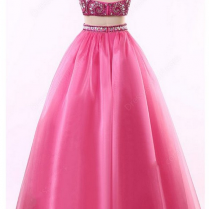 Pink Tulle Two Pieces Prom Dress, Beading..