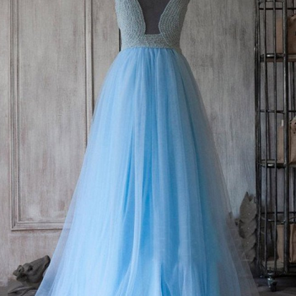 Ice Blue Tulle Round Neck Prom Dresses,see-through..
