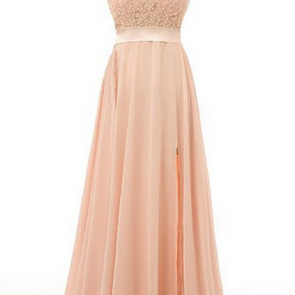 Light Pink Chiffon Prom Dresses,lace V-neck..