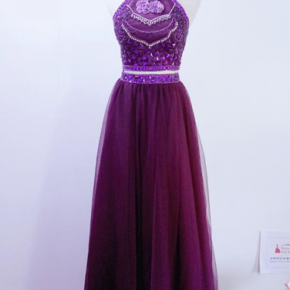 Real Photos Two Pieces Prom Dresses Fashion Purple..