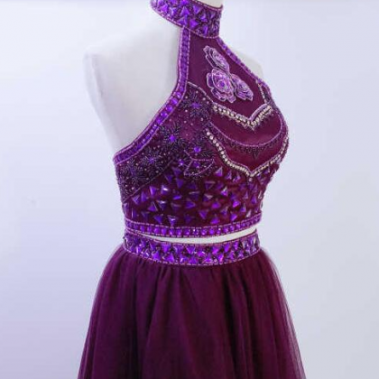 Real Photos Two Pieces Prom Dresses Fashion Purple..