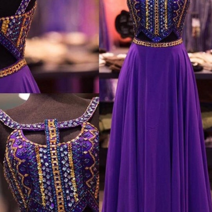 Design Purple Beaded Prom Dresses,open Back Prom..