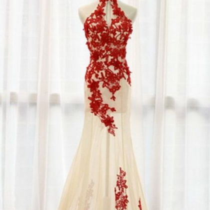 Charming Red Lace And Champagne Tulle Prom..