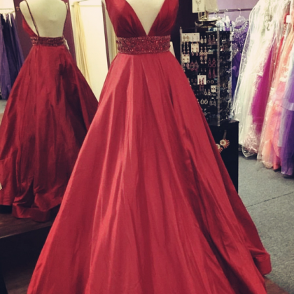 V Neck Dark Red Prom Dress on Luulla