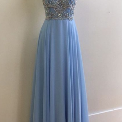 Illusion Neck Long Chiffon Dresses with Beaded Stormy