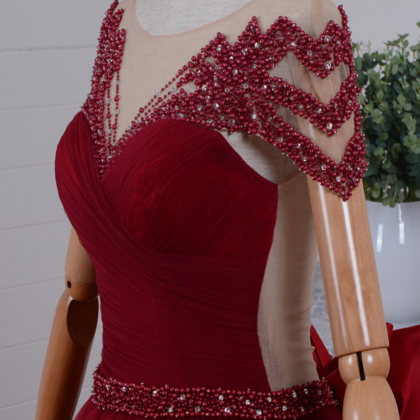 Red Sheer Beaded Ruched Ball Gown Prom Dress,..