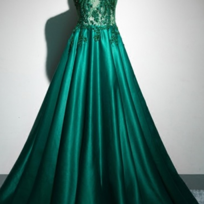 The Woman In The Long Green Lace Satin Pajama..