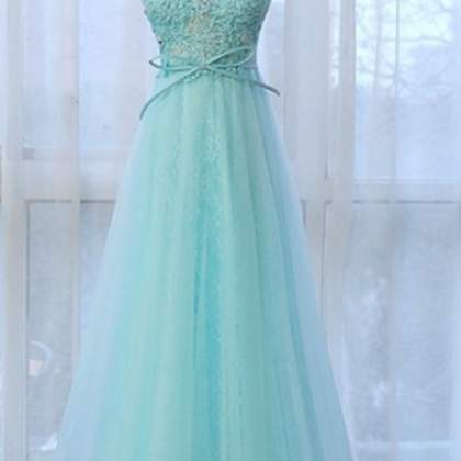 Sleeveless Lace Appliqués A-line Tulle Long Prom..