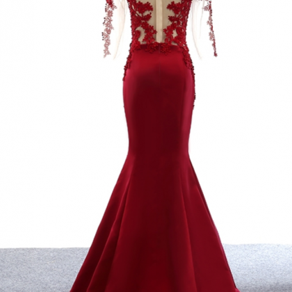 Red Sheer Lace Appliqués Mermaid Satin Long Prom..