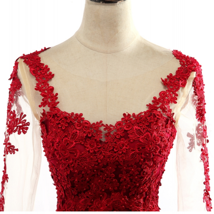 Red Sheer Lace Appliqués Mermaid Satin Long Prom..