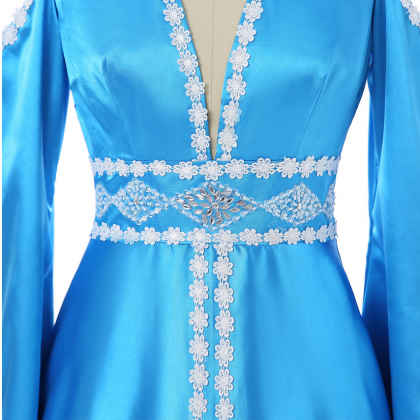 Blue Dress Line V-neck Long Sleeve Lace Dress..