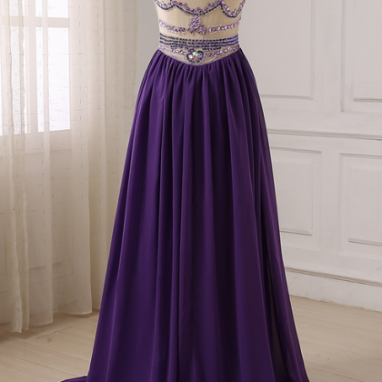 An Elegant Purple Crystal Dress With A Long..