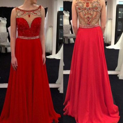 Red Sheer Beaded Back Chiffon Prom Dresses Prom..