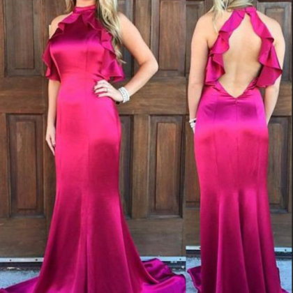 Ruffles Halter Mermaid Satin Prom Dresses 2017..