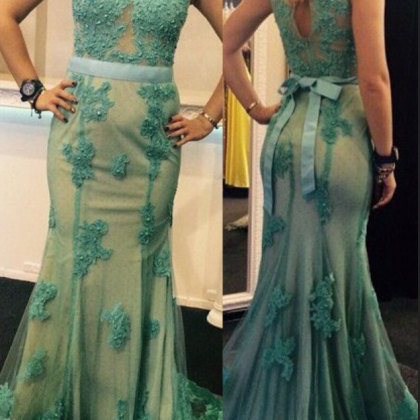Appliques Round Neck Mermaid Tulle Prom Dresses..