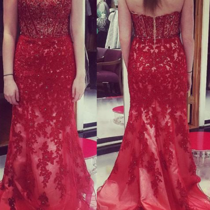 Red Prom Dresses Sweetheart Appliques Mermaid..