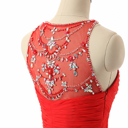 Red Chiffon Prom Dresses Crystals Beaded Party..