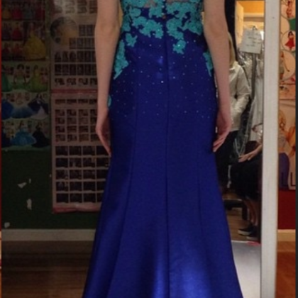 Royal Blue Satin Prom Dresses Beaded Long Evening..